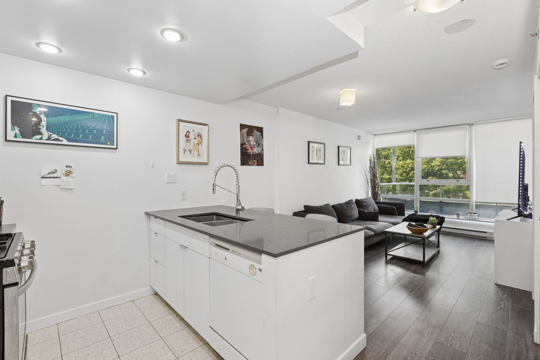The open plan seen across the kitchen peninsula, the living area and its windows beyond.