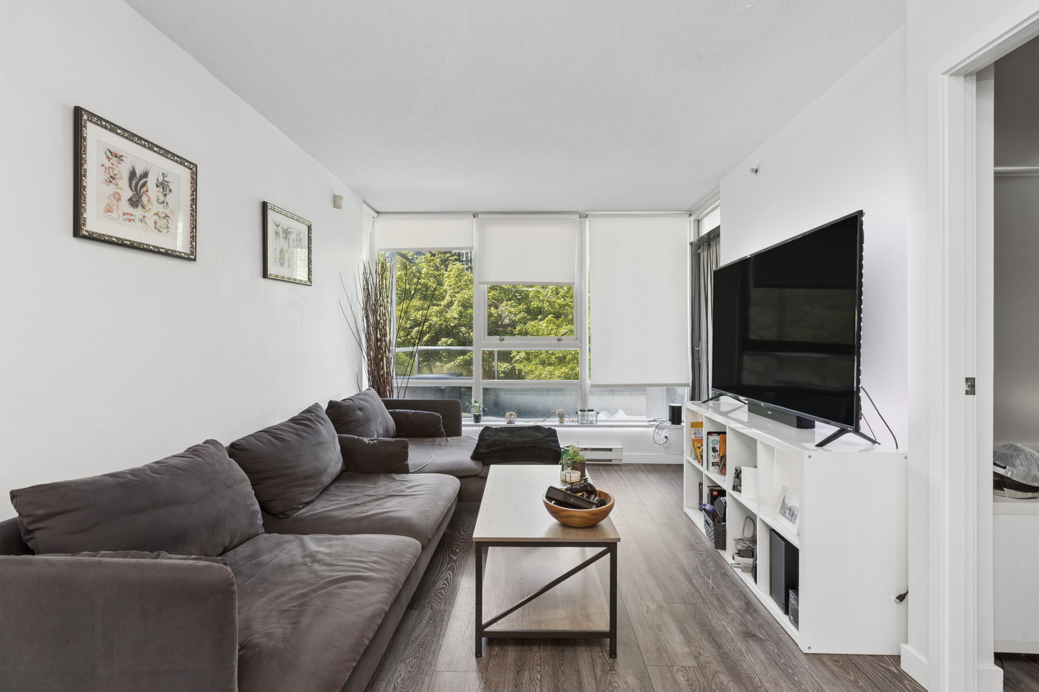 The living room, with a sectional along one wall and windows looking into mature trees.
