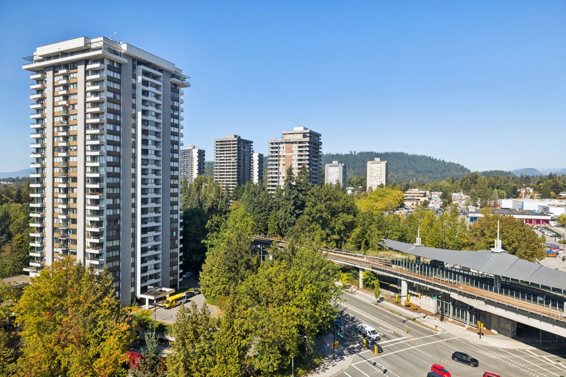 A tower across the street rising above the treetops.