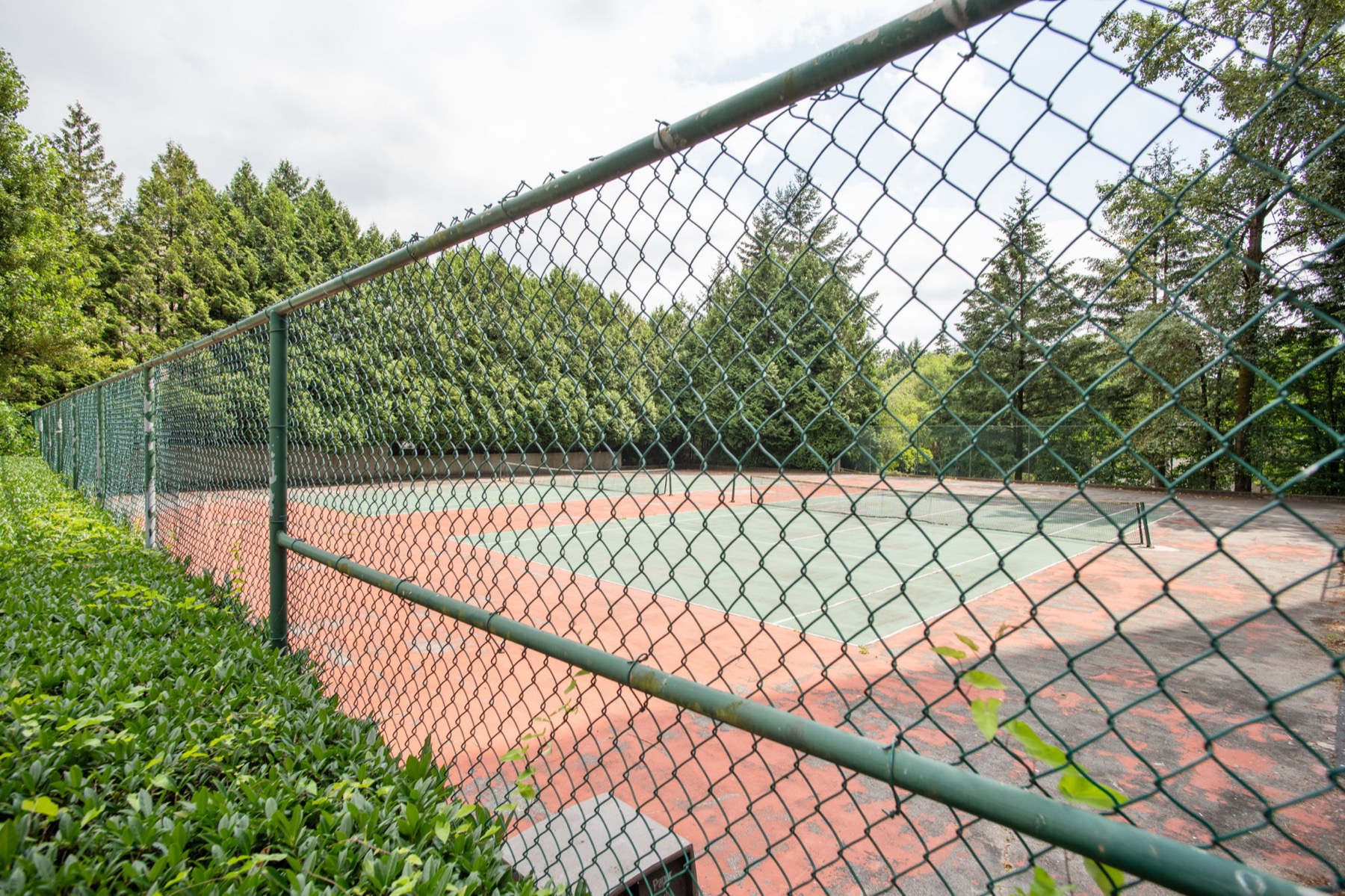 The tennis court behind its fence, seen from the path.
