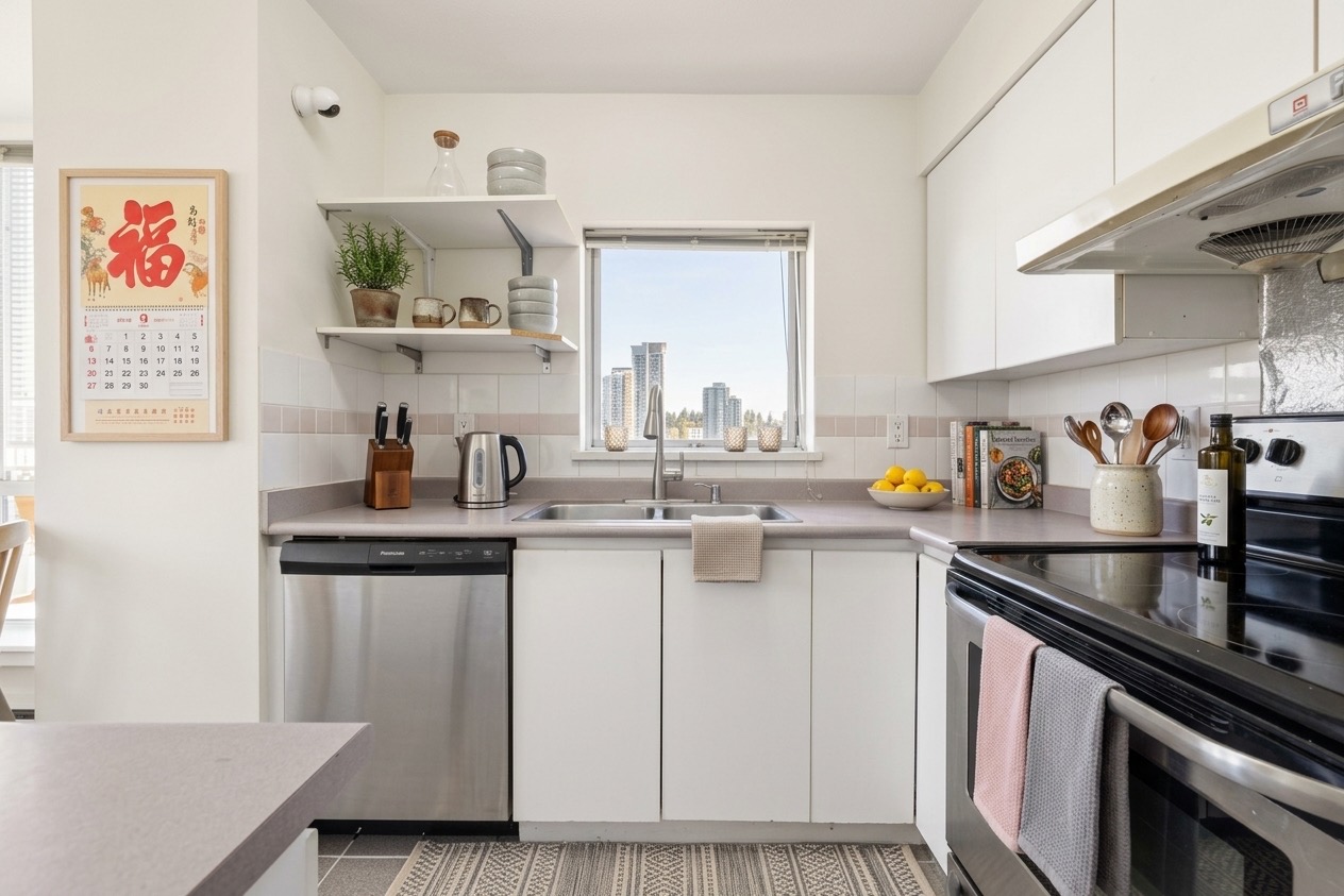 The kitchen, virtually staged: white cabinets, stainless appliances and a window over the sink.