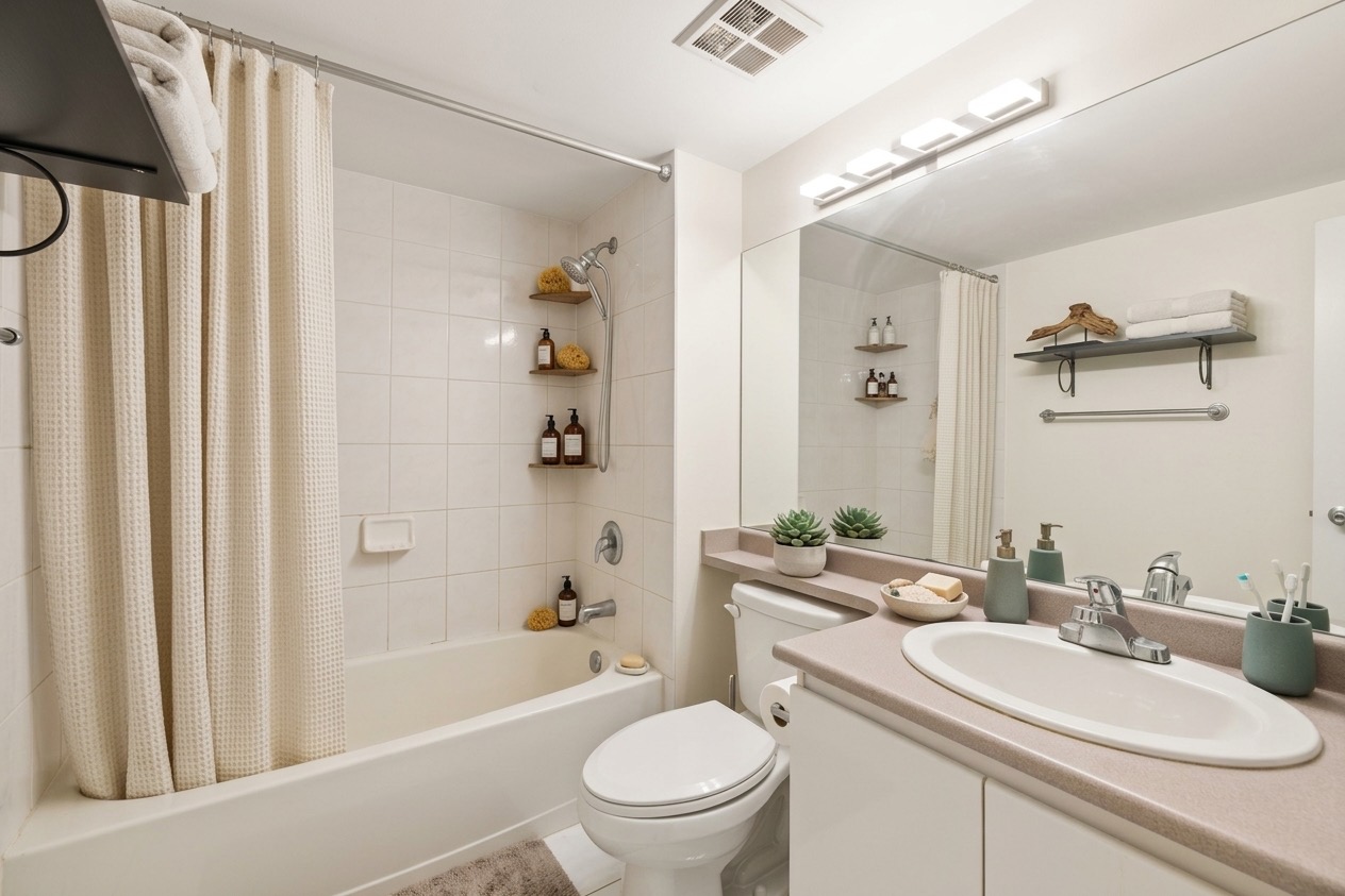 A bathroom, virtually staged: a tub with a curtain, the vanity and a shelf above.